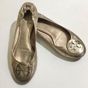 Tory Burch rose gold metallic leather ballet flats